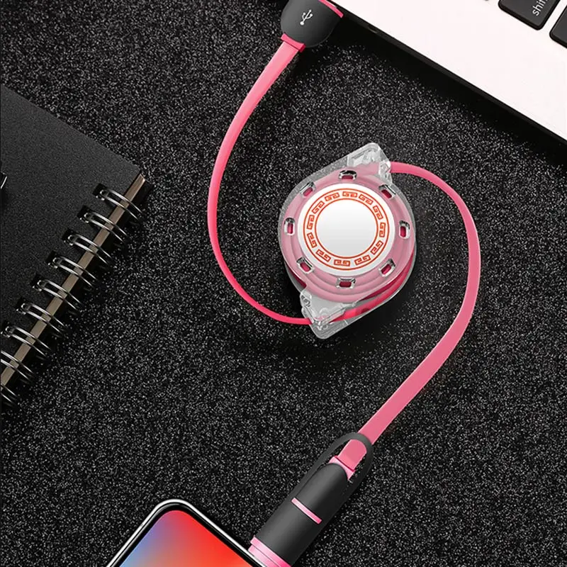 Многофункциональный Кабель зарядного устройства для Apple Android два в одном телескопическая линия зарядки стрейч мини Usb Кабельное ответвление - Цвет: Розовый