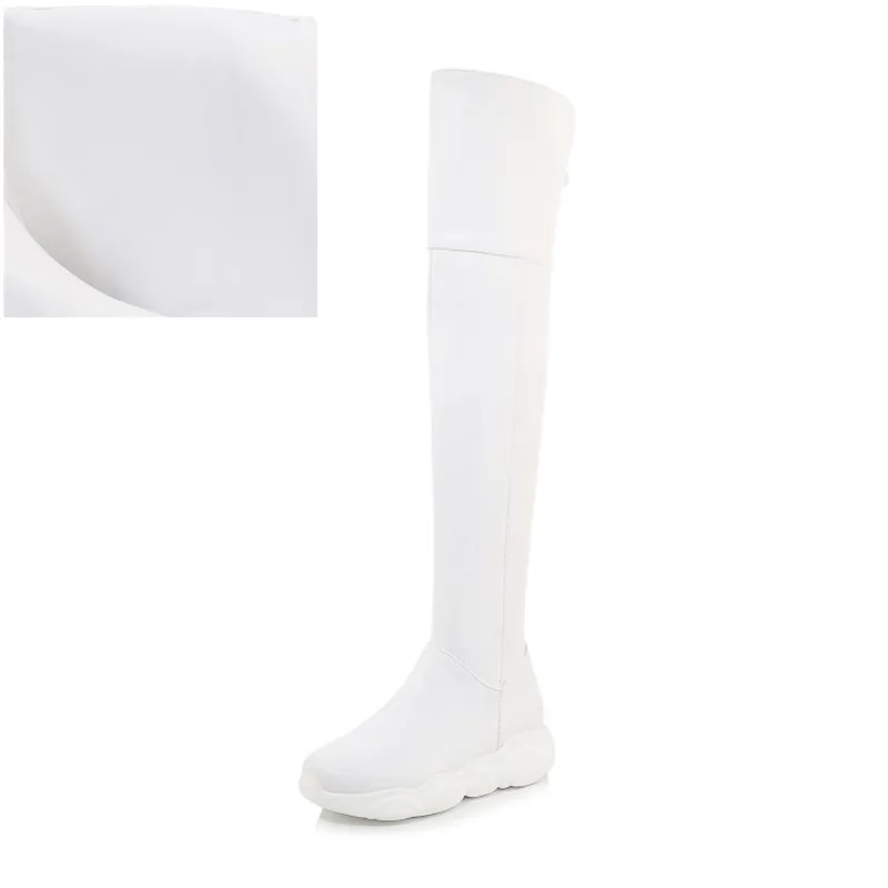 White Autumn PXELENA/Новинка; Сапоги выше колена на плоской платформе; женская обувь осень-зима года; удобные мягкие сапоги до бедра; большие размеры; цвет черный, белый - Цвет: White Autumn