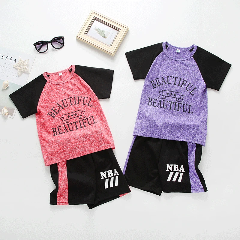 

New Style Summer Joint Lettered GIRL'S Sports Package Korean-style Trend Western Style Cotton Children Two-Piece Set