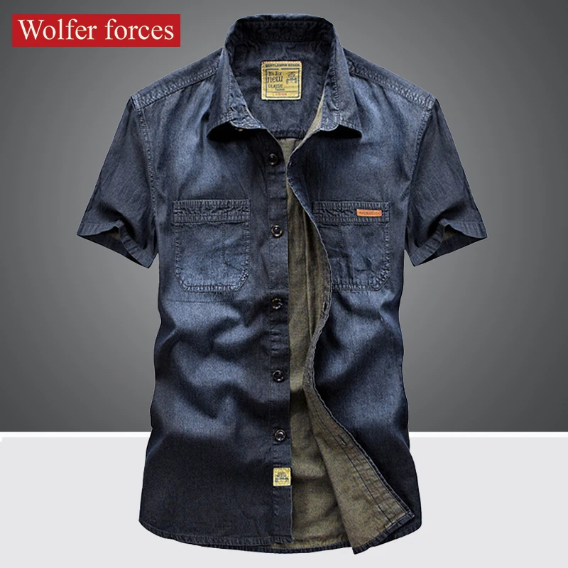 Summer Denim Short Sleeve Men Shirt Cotton Casual Shirts Outdoor Hiking  Fishing Clothing Plus Size : : Clothing, Shoes & Accessories