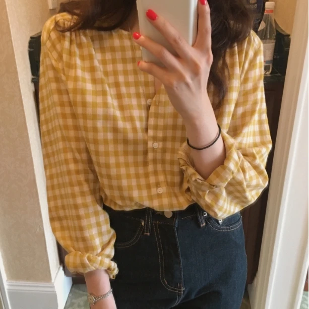 Yellow Shirt with Long Lantern Sleeve Plaid Shirts V-Neck Women Korean Fashion Work Shirt Elegant Office Ladies Casual Tops