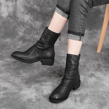 

2019 Square Toe Zipper Pleated Temperament Pu Leather Velvet Shoes Women Short Boots New Spring Autumn Fashion