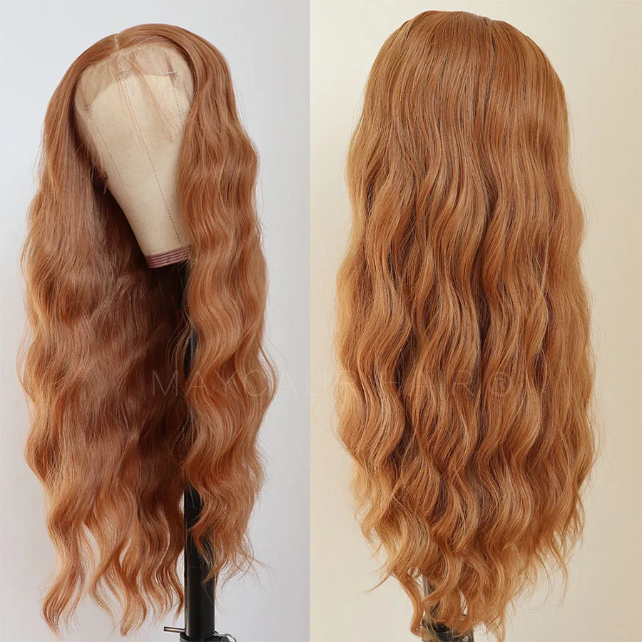 Maycaur 13x6 Copper Brown Color Long Wavy Lace Front Wigs Loose Wave Glueless Synthetic Lace Front Wigs for Black Women Heat Resistant Fiber Hair 24 Inch (3)