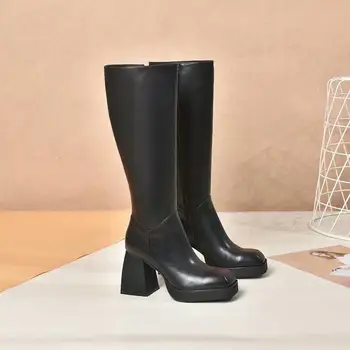 

Hoof Heels Women Long Boots Black Geninue Leather Knee High Boots Luxury Brand High Heels Boots Winter Autumn Motorcycle boots