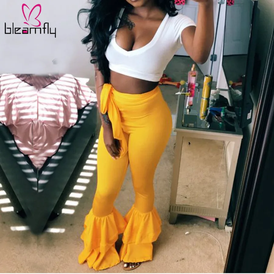 

Plus Size Two Piece Set V-neck Short Sleeve White Crop Top + Tie Up Ruffle Flare Pants Sets Summer Casual Suit Women Streetwear
