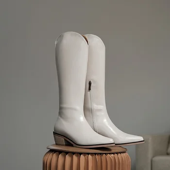 

classic western women boots black beige knee high boots for women pointed toe winter boots women chunky heels cowboy knight boot