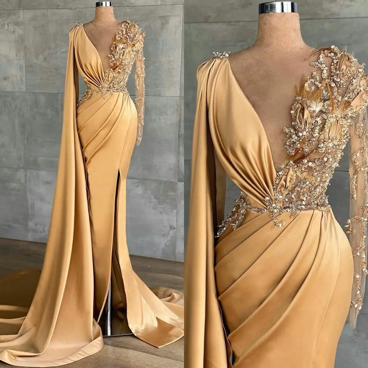 

Champagne Beaded Evening Dresses for Women Satin High Split Mermaid Prom Dress Sexy Party Wear Formal Robe De Soirée