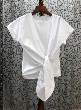 

2020 Spring and Summer New Women's Round Neck Cross Knot Decoration Solid Color All-match Short-Sleeved Top 601