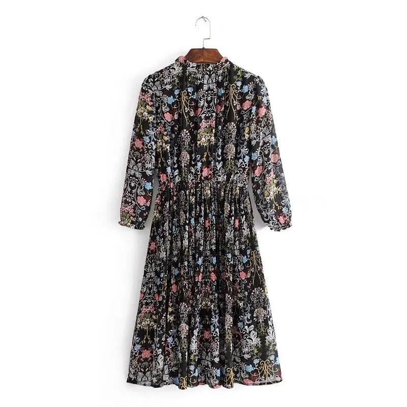 

2018 Spring Europe And America WOMEN'S Dress New Style Printed Pleated Long-sleeved Dress 053