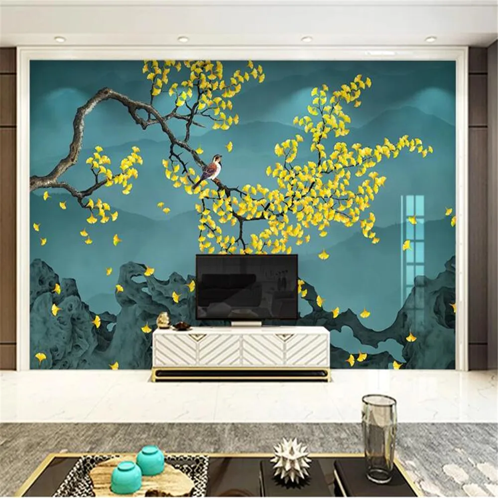 

Milofi custom 3D printing wallpaper mural new Chinese ginkgo hand-painted flower and bird background wall decoration painting