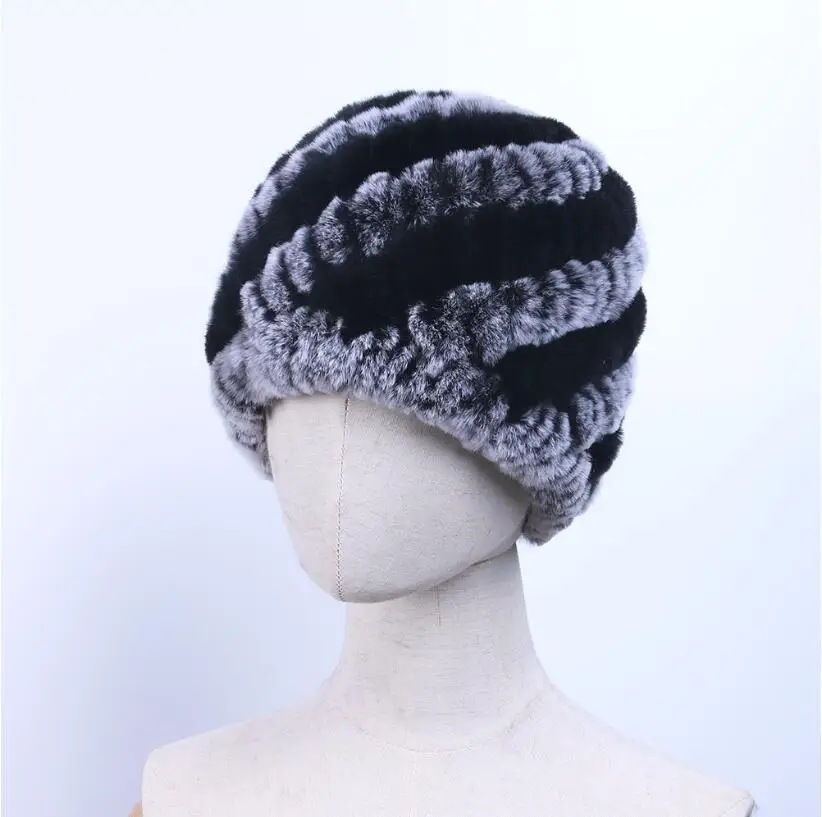 YC Fur классический стиль женские зимние шапки шапочки теплые вязаные натуральный мех кролика рекс бини зимняя теплая шапка из натурального меха женская шапка - Цвет: black grey