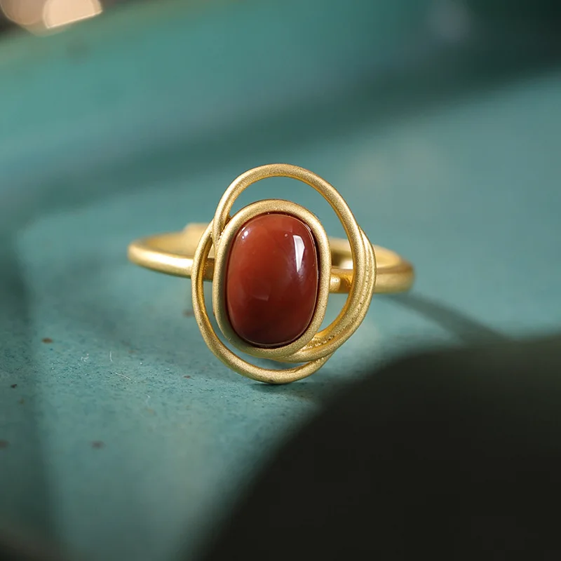 Натуральный красный агат позолоченное женское кольцо из натуральной 925 пробы Серебряное модное кольцо Регулируемый светильник роскошное кольцо