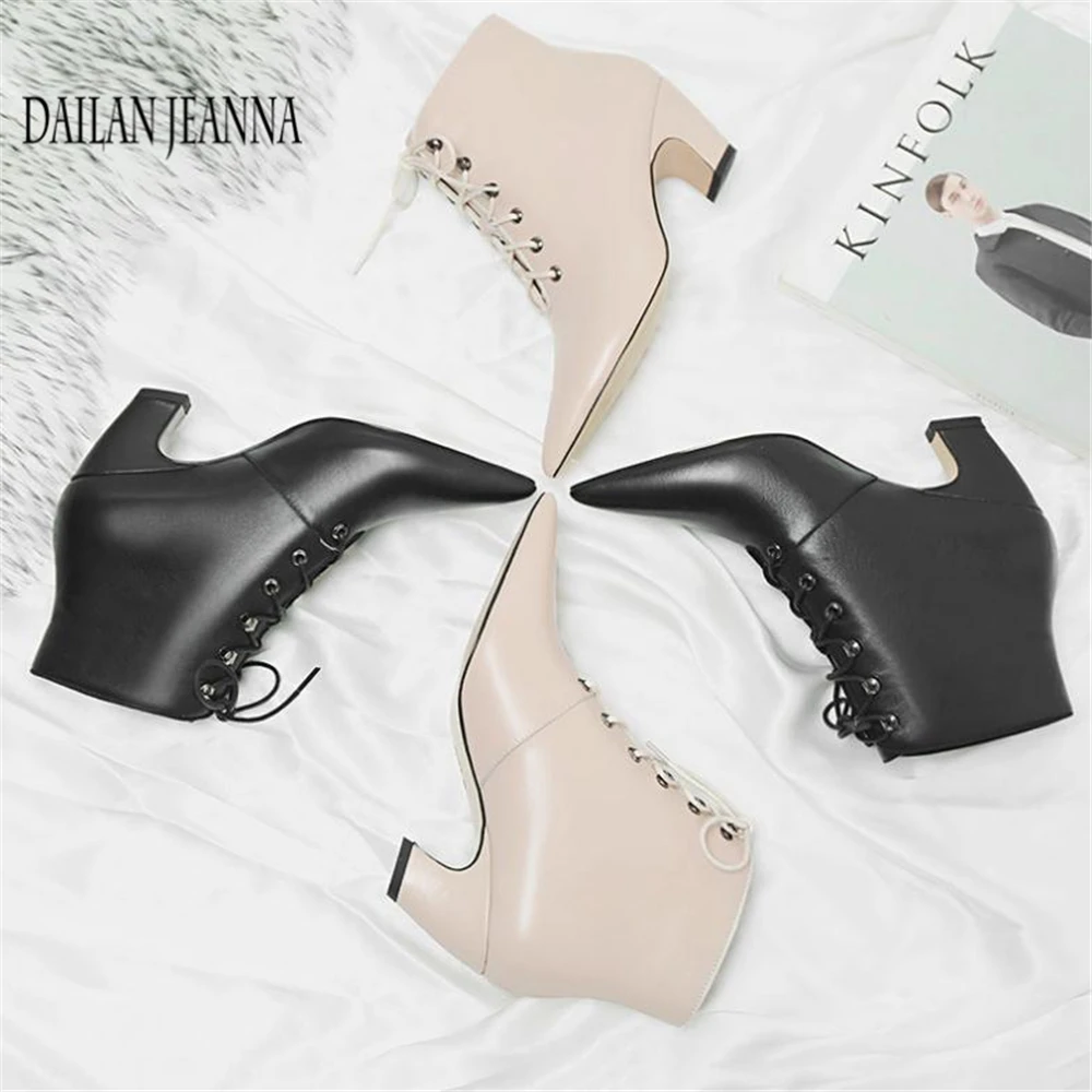 

Dai LAN jeanna brand Europe 2018 autumn / winter new lace-up cat and small boots women pointed with leather women's shoes