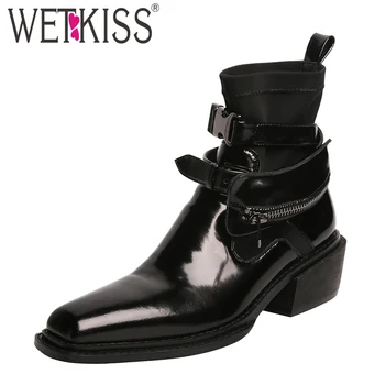 

WETKISS Stylish Ankle Boots Woman Patent Leather Motorcycle Boot Bag Strappy Chunky Heel Square Toe Shoes Women Metal Booties