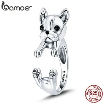 

BAMOER 925 Sterling Silver French Bulldog Animal Female Finger Rings for Women Adjustable Size Sterling Silver Jewelry SCR411