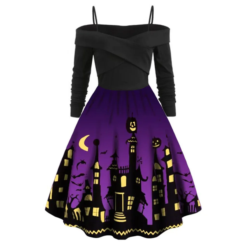 Women Pumpkin Party Print Dress Halloween Long Sleeve V Neck Vintage Casual Sexy Dresses vestido corto mujer FD