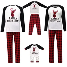 Navidad de padre hijo pijamas de manga larga ciervos camisetas con mangas raglán + Pantalones a cuadros conjunto camisetas de familia juego trajes