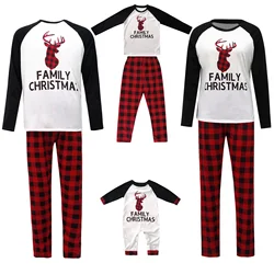 Pijama de manga longa raglan com manga longa, roupa para a família, tops raglan com calça xadrez
