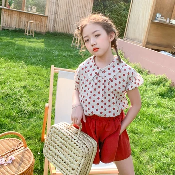

Cute Kids 3 4 5 6 7 8 9 10 11 12 Years Girls Suit Cotton Dot Doll Shirts Red Shorts Skirt Sets Pantskirt Summer Children Clothes