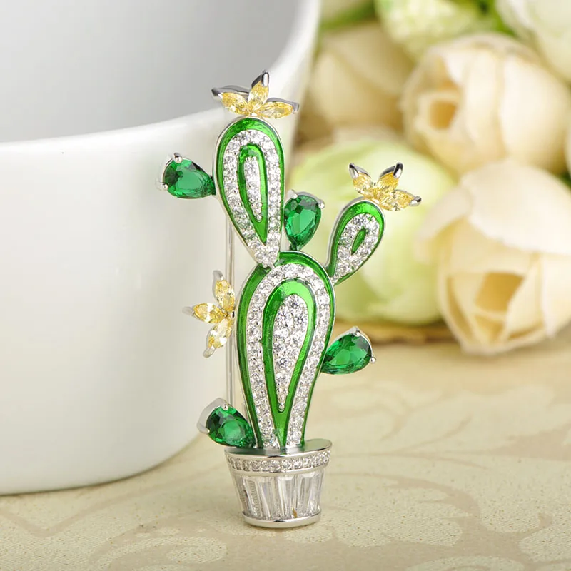 Funmor Cactus Shape Plant Flower Brooches For Women Men Cubic Zircon Wedding Party Jewelry Hijab Pins Clothes Suit Accessories