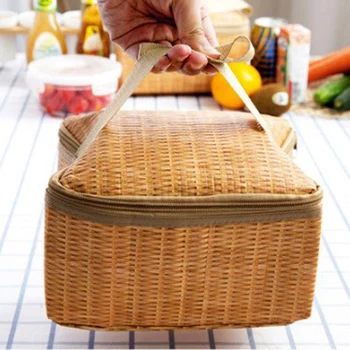 

New Portable Imitation Rattan Lunch bag Thicker insulated bag Insulated Canvas Lunch Bag Fold Thermal Food Storage Basket