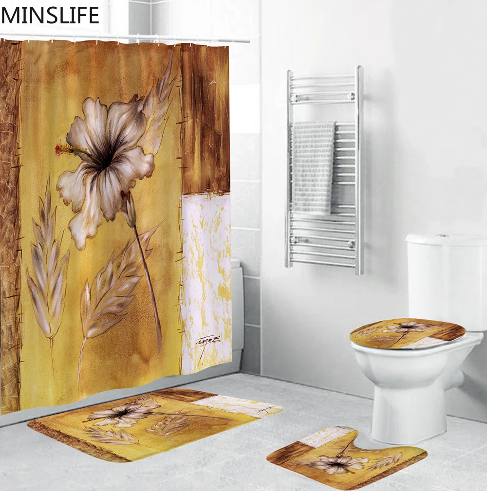 Golden Flower Shower Curtain Mat Set with Carpet Bath Screen for Home Hotel Bathtub Partition Mold Proof Durable Curtains Hooks | Дом и сад