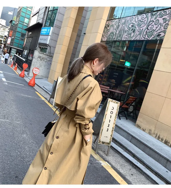 Women 's Trench Coat Mid -length 2021 New Korean Style Elegant Fashion Casual Spring and Autumn Khaki Long Double Breasted Full khaki Back Buckle