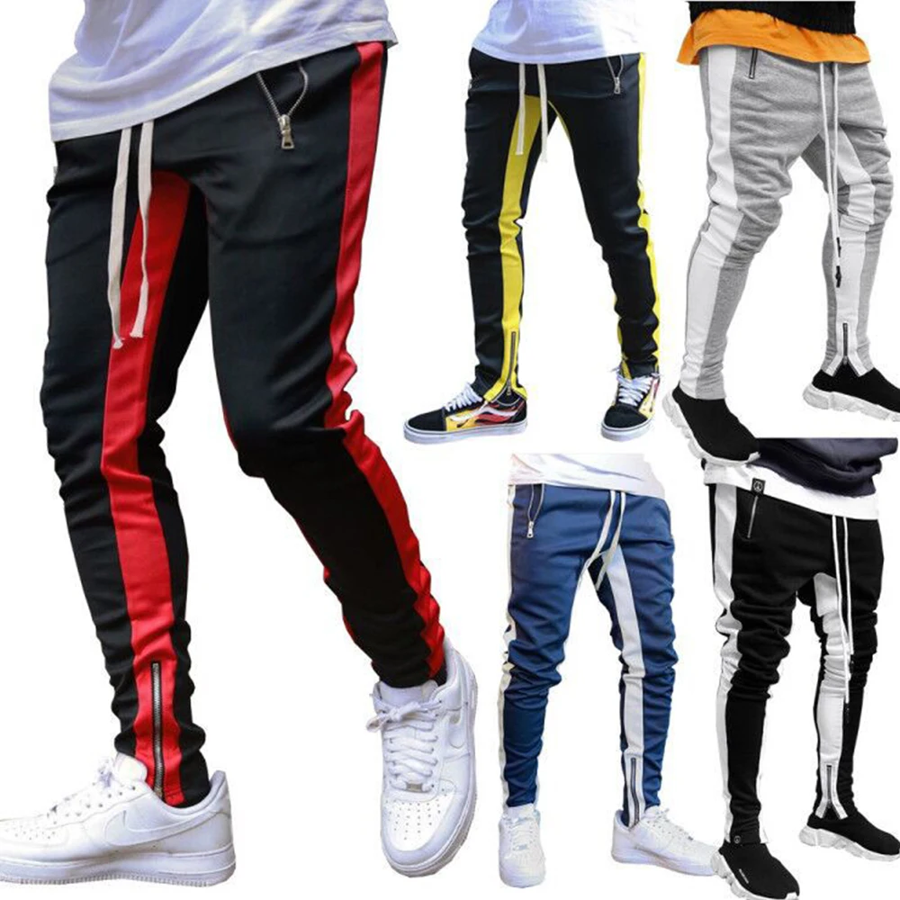

Men Drawstring Pants Side Pocket Zipper Slacks 2020 Fashion Mid-waist Contrasting Color Pleated Pencil Pants Men Trouders D30