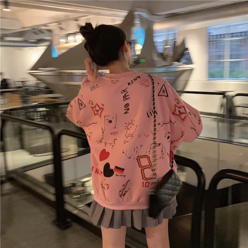 Lychee Harajuku повседневные осенние дамские свитшоты Топ свободный вырез лодочкой Женские флисовые пуловеры Топы граффити Женская флисовая толстовка
