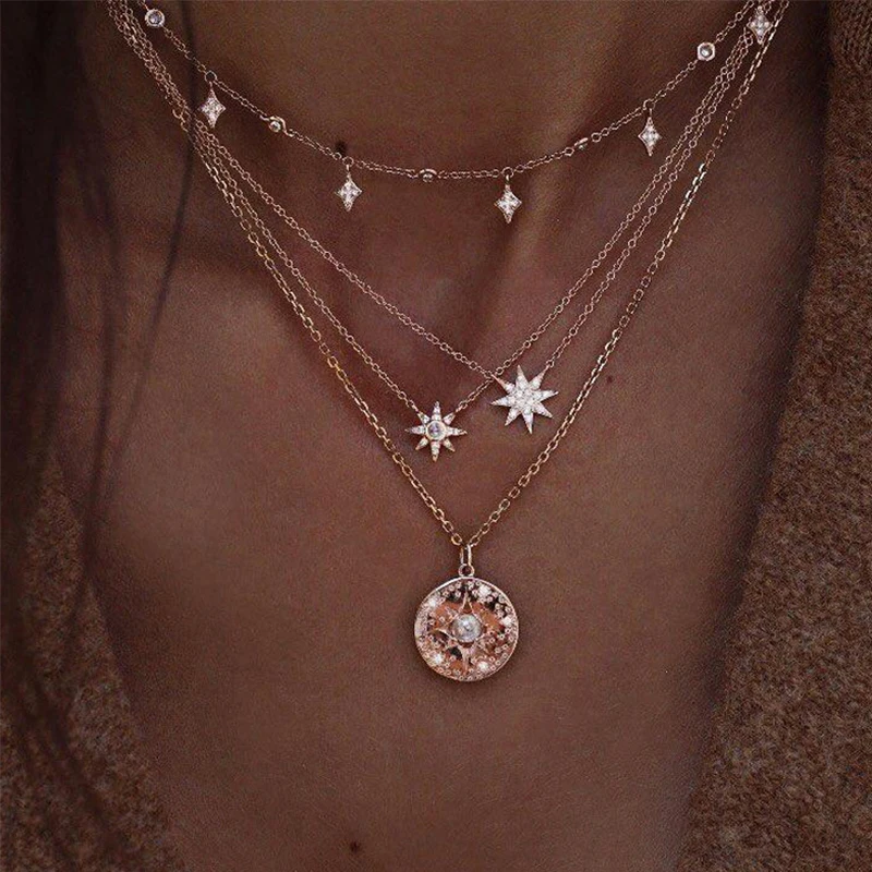 

4 Pcs/set Trendy Gold Multilayer Star Necklaces Boho Crystal Round Pearl Pendant Necklace for Women 2019 Choker Bohemian Jewelry