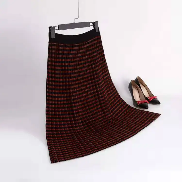 Women's Winter Pleated Skirts Sexy High Waist Skirts Elastic Waist Jupe Femme Falda Mujer Autumn Chic Dots Printed knitted Skirt