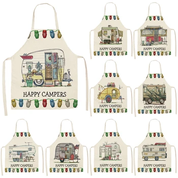 

1Pcs Colorful RV Comics Pattern Cleaning Aprons Home Cooking Kitchen Apron Cook Wear Cotton Linen Adult Bibs 53*65cm WQL0181