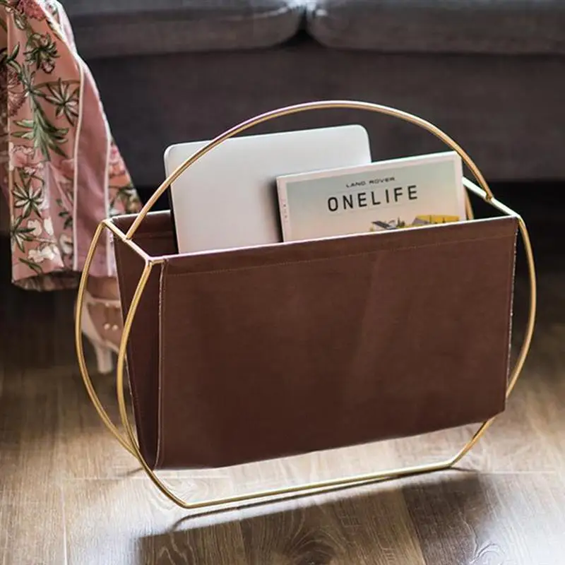 

Metal Leather Magazine Nespaper Rack Handle Rack Sundries Organizer Book Storage Shelf for Home Living Room