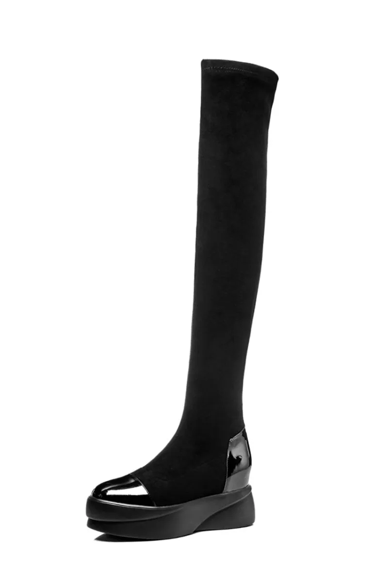 MStacchi/женские сапоги на платформе; женские Сапоги выше колена на толстой подошве, увеличивающие рост; женские эластичные высокие сапоги - Цвет: black