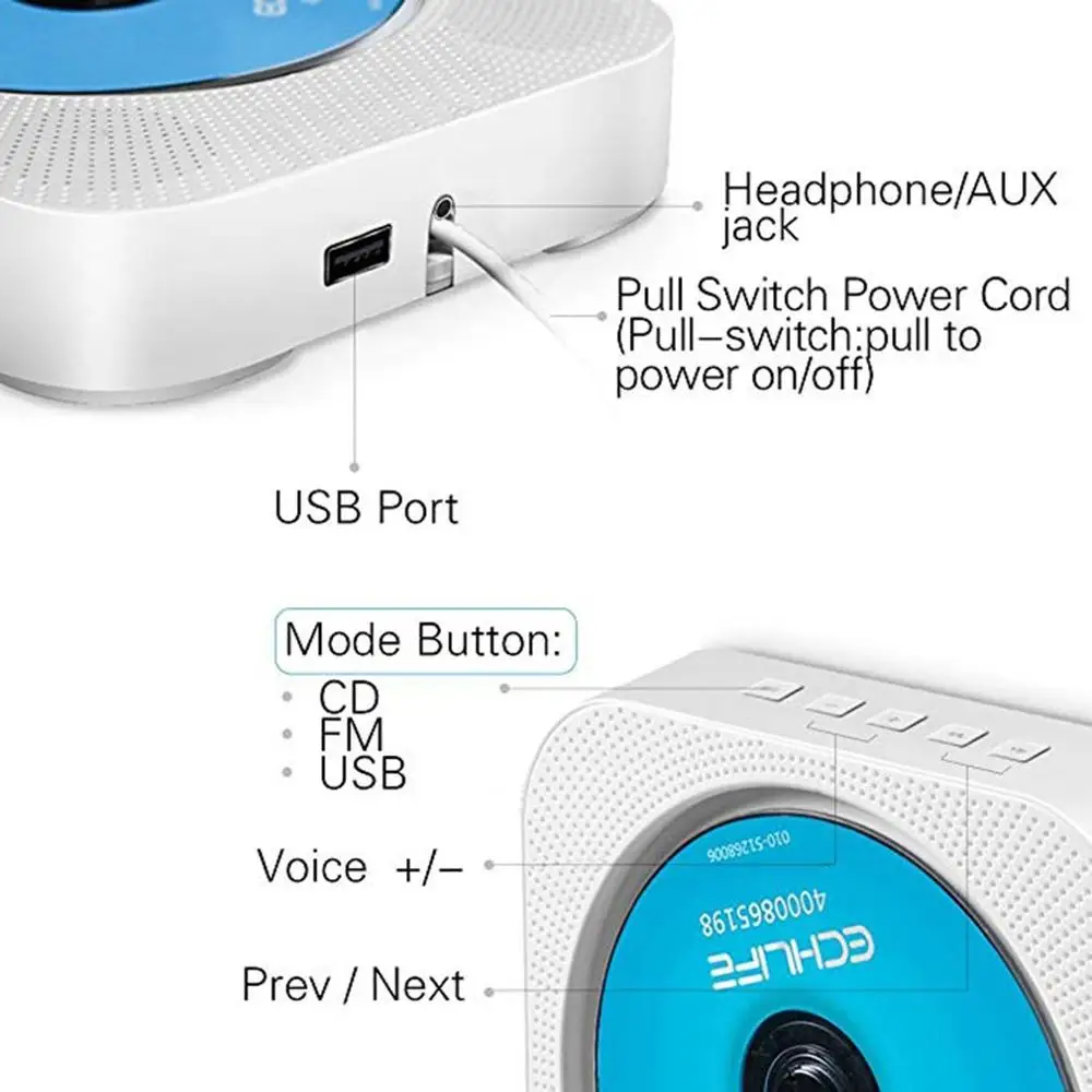 Настенный CD-плеер Портативный bluetooth-динамик беспроводной музыкальный проигрыватель fm-радио образовательный плеер Домашний аудио с usb-кабелем
