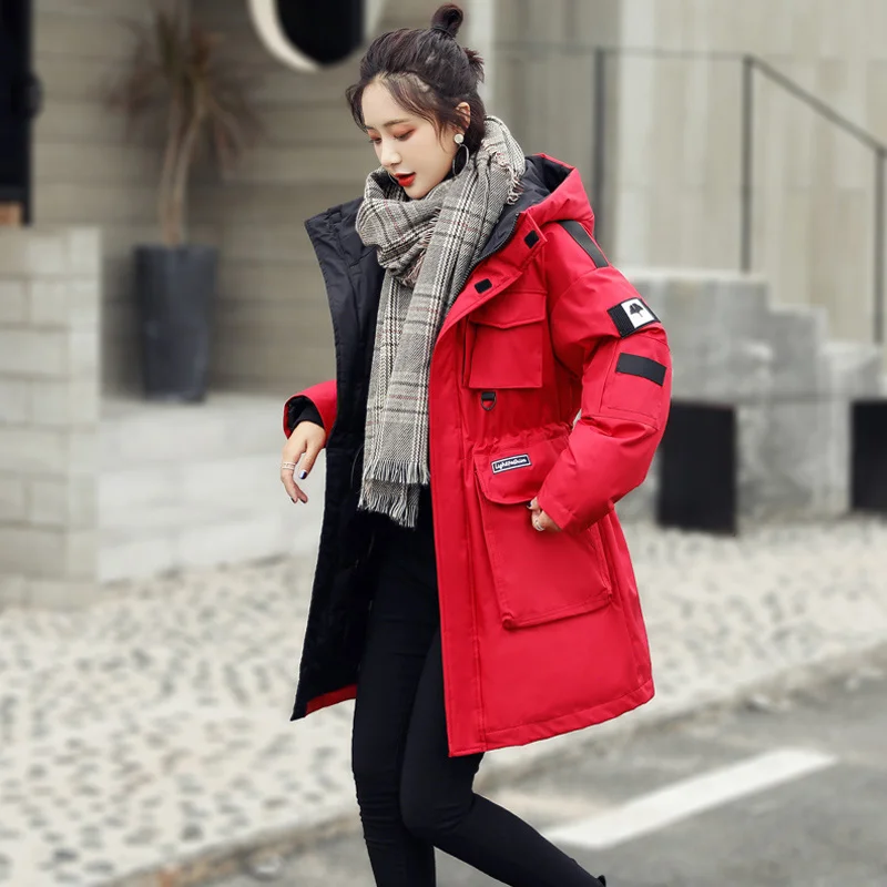 Women Red Плотная верхняя одежда, пальто, женская Свободная куртка с открытыми плечами, Женская куртка на утином пуху, зимняя теплая Толстая куртка с капюшоном, парка - Цвет: Women Red