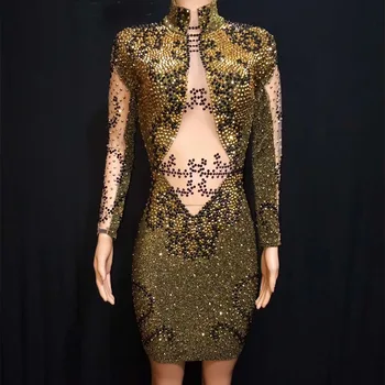 

Gold Rhinestones Stretch Jumpsuit Women's Evening Party Wear Black Stones Bodysuit Costume Prom Birthday Celebrate Dance Outfit