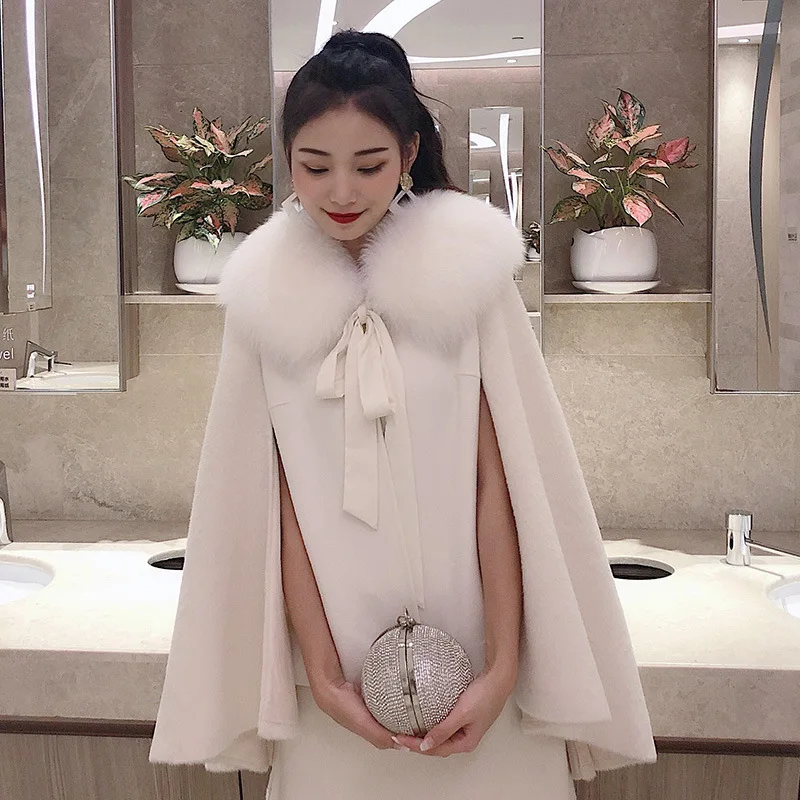 

High-End Cloak for Women Coat Women's Autumn And Winter 2019 New Style Fashion Loose Elegant Fox Fur Collar Woolen Coat
