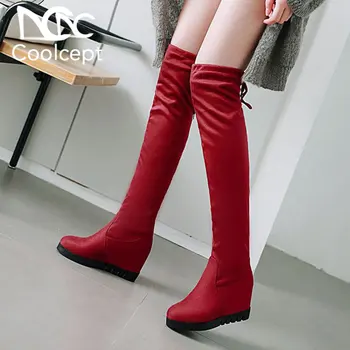 

Coolcept Sexy Women Flats Stretch Boots Platform Warm Shoes Winter Thigh High Shoes Flock Leather Over Knee Boots Size 34-39