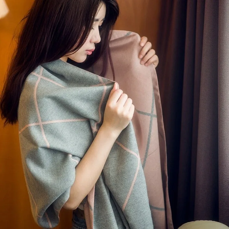 

Scarfs for Ladies Double Plaid Stripe Cappa Thicken Cashmere Scarves Head Scarf Fur Collar Hi-Q Wool Neckerchief Pashmina Shawl