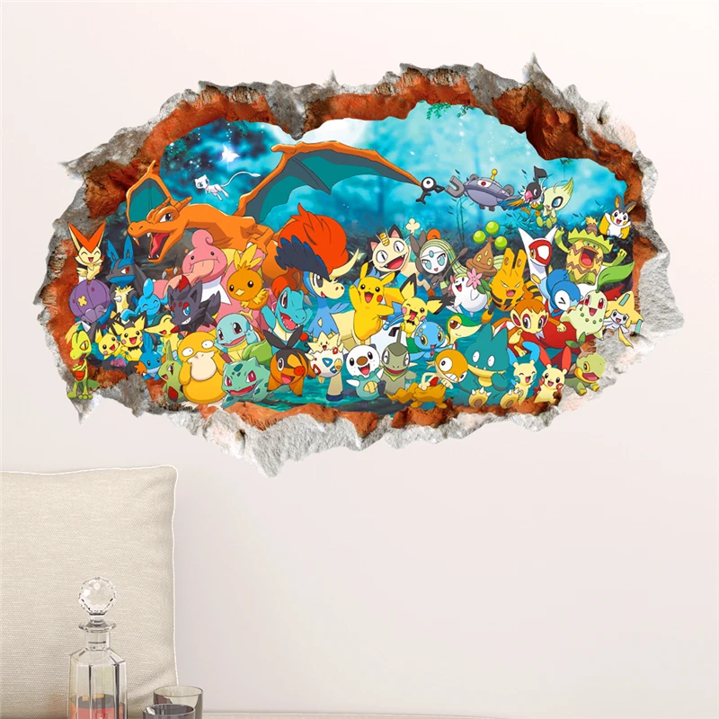 3D effect cartoon Red Pikachu pet elves through wall stickers for kids rooms diy wall art decals decor Pokemon Go game posters