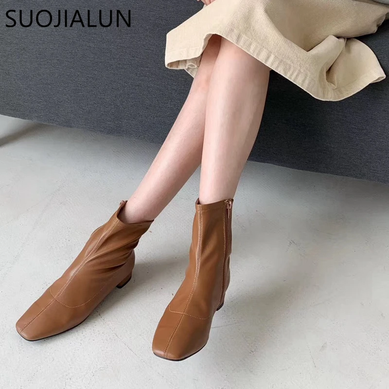 

SUOJIALUN 2019 Vintage Leather Ankle Short Casual Botas Round Toe Waterproof Woman Martin Boots Soft Leather Comfortable Shoes