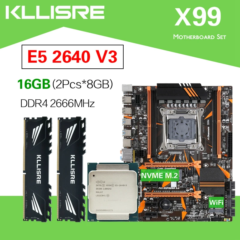 Kllisre X99 D4 материнская плата набор Xeon E5 2640 V3 LGA2011 3 процессор 2шт X 8 ГБ = 16 Гб 2666 МГц DDR4