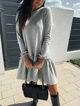 

Womens Dress 2020 New Autumn Long Sleeve Ruffle Solid Pleat Mexi Dress Casual Long Midi Dress Femme Vestidos Elegant Clothes