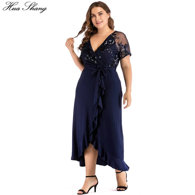 Women Summer Casual Dress Plus Size Female V Neck Short Sleeve Sequied Party Dresses Ruffles Irregular Maxi Long Dress 6