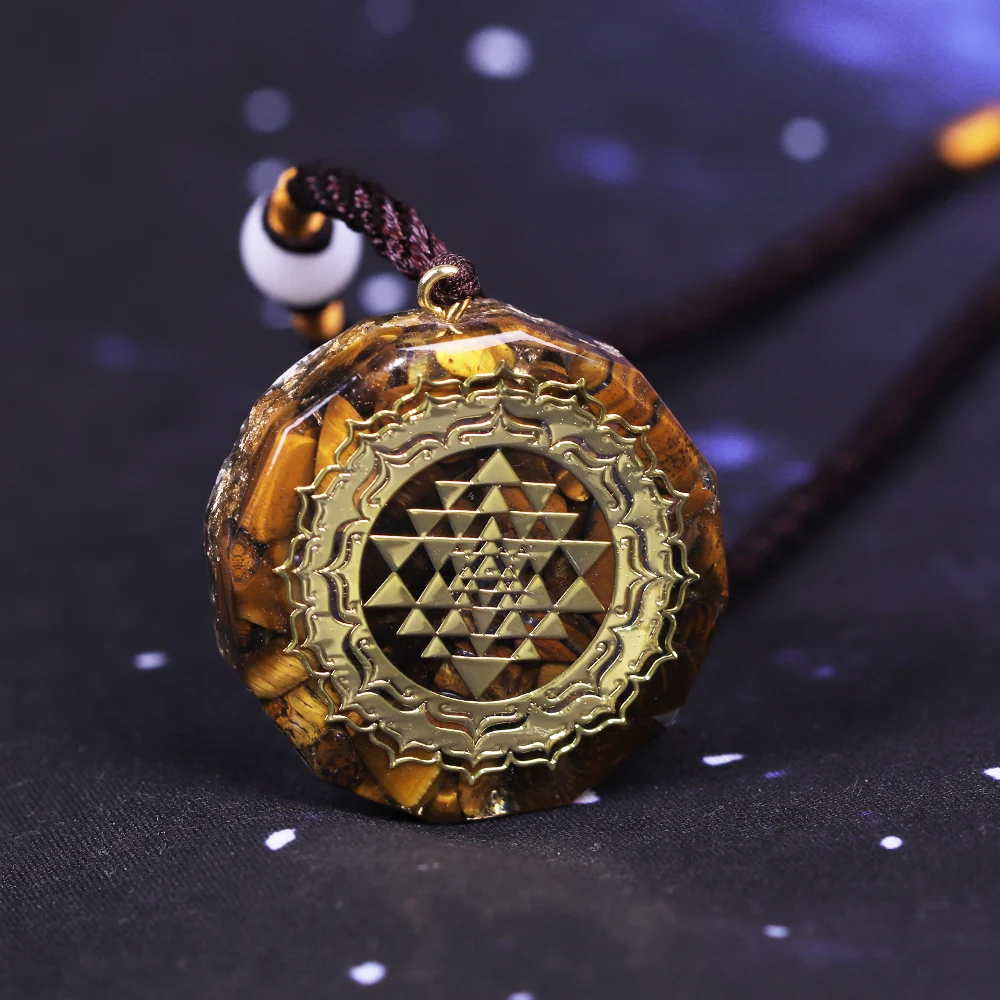 Orgonite Necklace Sri Yantra Pendant Sacred Geometry Tiger Eye