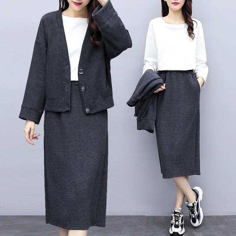 

2019 Autumn Clothing New Style Large Size Dress Fat Mm Plus-sized Cardigan Coat Mid-length Skirt Two-Piece Set