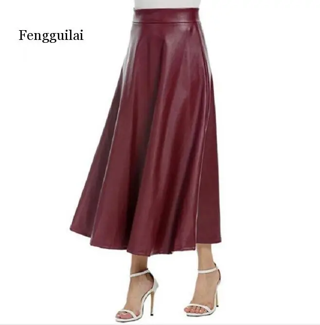 

Winter Spring Faux Leather High Waist Medium and long size large size A-line skirt solid color versatile skirt