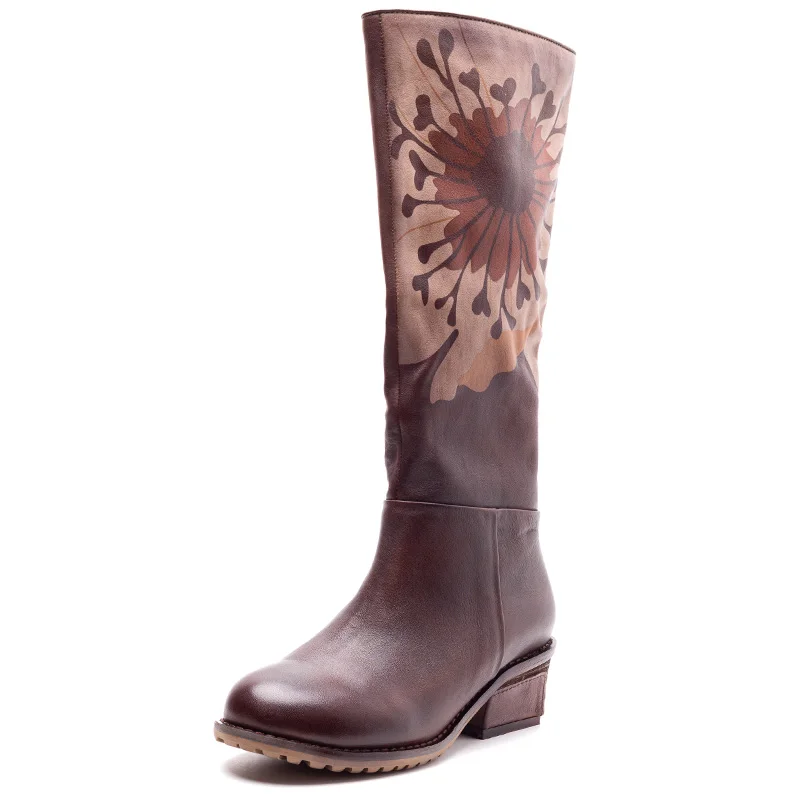 

Genuine Leather Knee High Boots Women Retro Handmade Boots Platform Heel Long Riding Boot Brand 2019 Autumn Winter Ladies Shoes