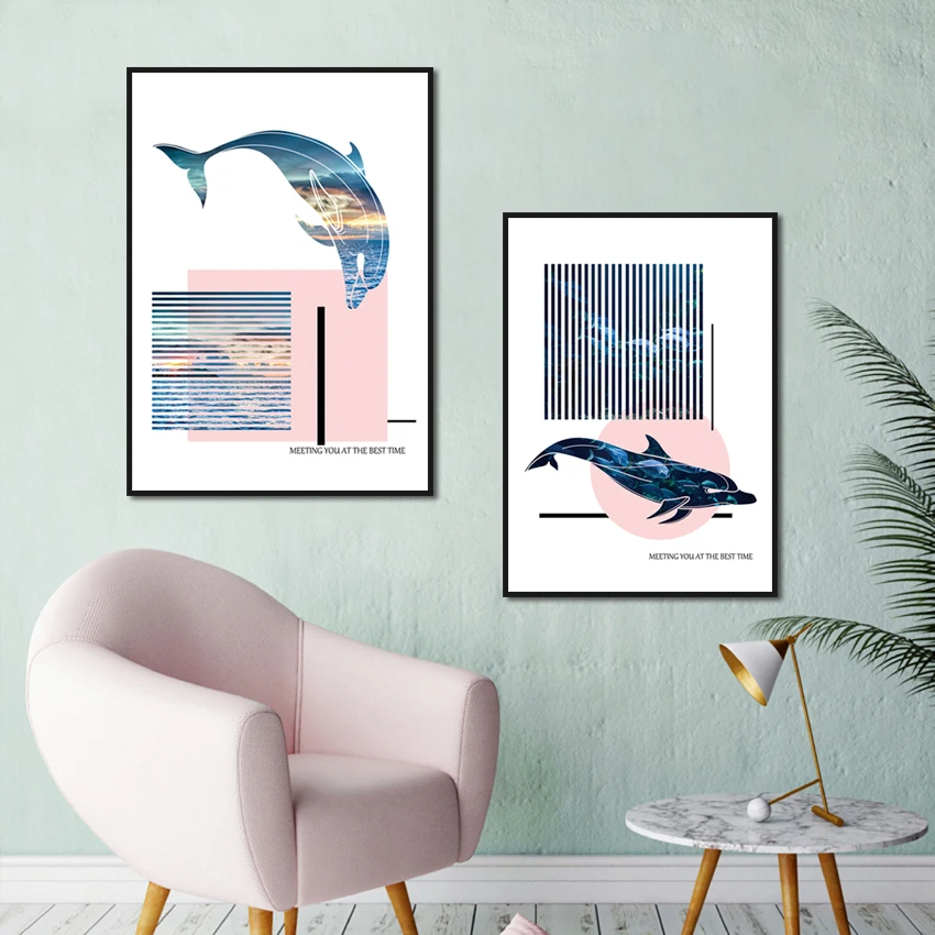

Minimalist Modern Abstract Animal Silhouette Canvas Poster Dolphin Geometric Pattern Color Matching Decorative Painting